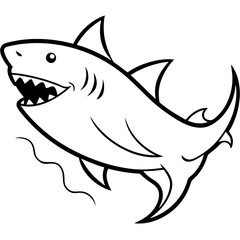 Shark swimming with its dorsal fin breaking the water, sharp teeth visible vector
