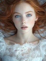 A beautiful girl with red hair and blue eyes, pale skin, and a porcelain-like smooth texture of the face, wearing a white dress