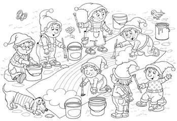Seven rainbow colors. Seven cute and funny gnomes, wearing hats of rainbow colors, are painting the rainbow. Illustration for children, Poster. Coloring page