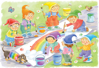 Seven rainbow colors. Seven cute and funny gnomes, wearing hats of rainbow colors, are painting the rainbow. Illustration for children, Poster. Coloring page