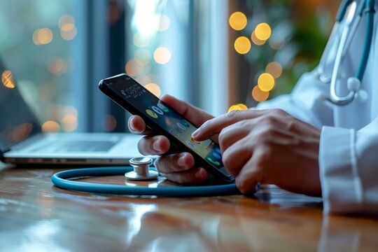 close-up photo of a person's hand using a mobile phone with a stethoscope on a table.