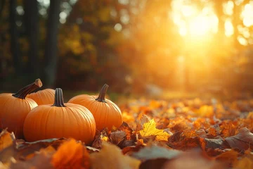 Fleecedeken met foto Autumn forest scene with pumpkins and colorful leaves at sunset for halloween or thanksgiving theme © Mikhail Vorobev