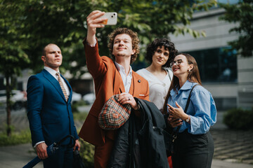 Four business professionals taking a group selfie outdoors in a city environment, capturing a moment of camaraderie and teamwork.