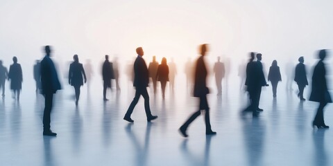 Many business people walking in motion blur, white background Generative AI