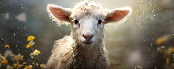 Spring Lambs portrait. Sheep on green farm with flowers background.