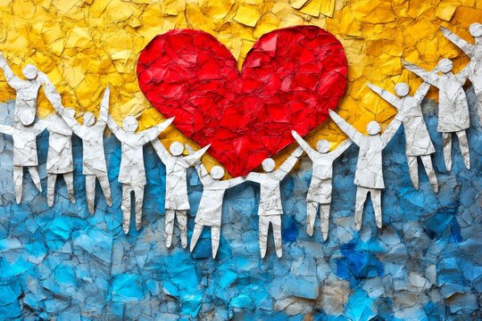 Large group raising a heart against a backdrop of vibrant colors symbolizing love unity and emotional connection through a creative and bold representation