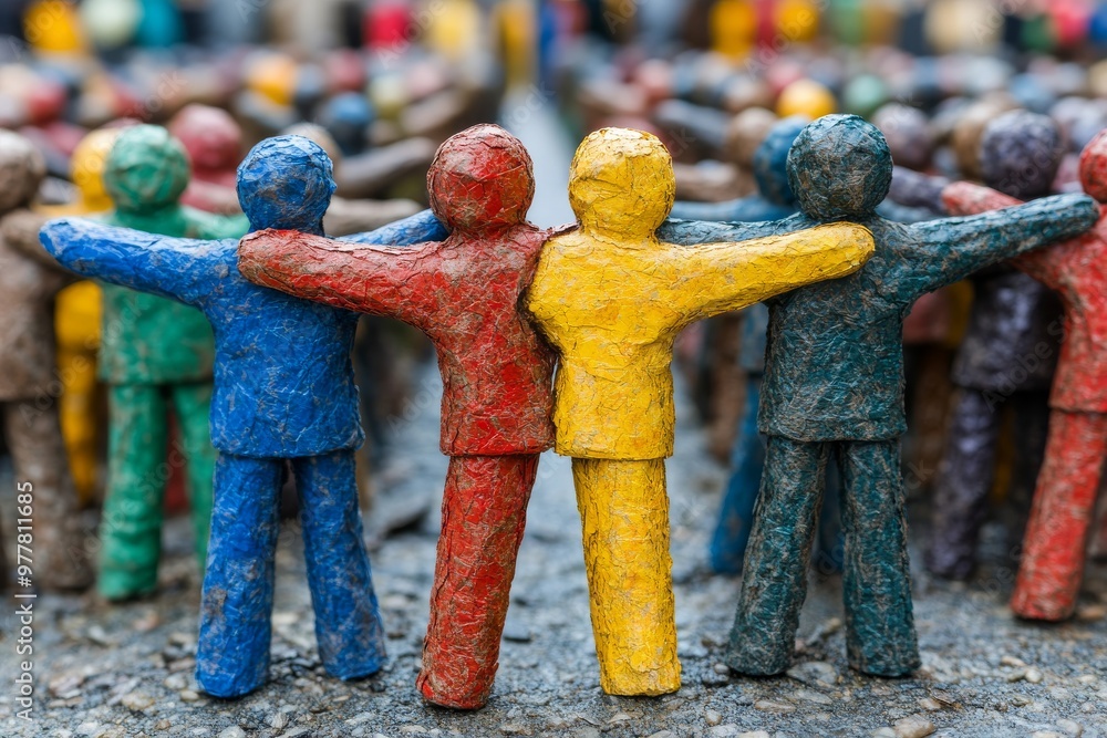 Poster group of colorful figures forming a tight knit circle symbolizing unity diversity and community in a