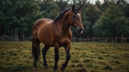 Fototapeta premium Dark Brown Horse Running Through a Fenced Field