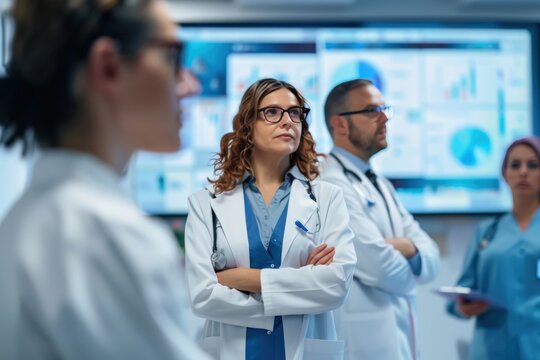 Medical Professionals Discussing Breast Cancer Prevention Research in Bright Conference Room