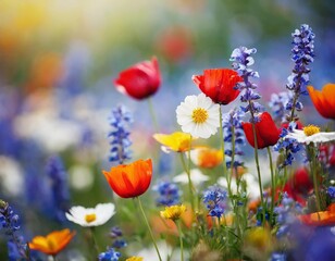 Blooming wildflowers nature background with depth of field for a vibrant and colorful spring scene