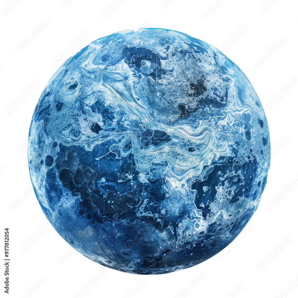 Poster cgi showcasing a frozen planet with a rough surface, covered in ice, indicating a harsh and unforgiv