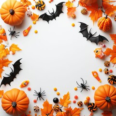 Obraz premium Halloween background, pumpkins, bat, candles, spiders