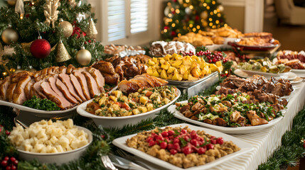 A Christmas dinner buffet featuring roasted meats salads stuffing and gravy laid out on a long table with holiday decorations.