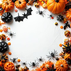 Obraz premium Halloween background, pumpkins, bat, candles, spiders