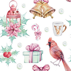 Watercolor seamless pattern - Christmas bird red cardinal, bells, gift, berries, red lantern, poinsettia flowers bouquet with holly green leaves. Symbol of Christmas. Winter holiday decoration in