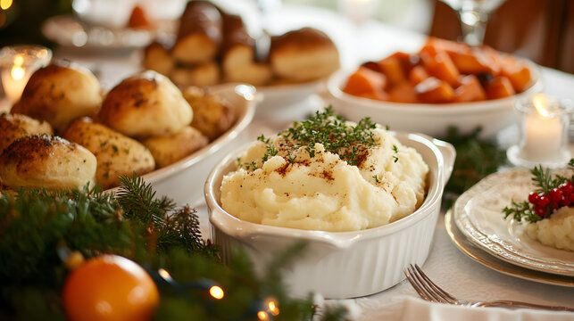 A Christmas dinner table featuring roasted root vegetables mashed potatoes gravy boats and freshly baked bread rolls ready to be served.