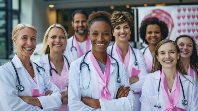 Medical Team in Solidarity for Breast Cancer Awareness Month - Smiling Doctors and Nurses with Pink Ribbons - Powered by Adobe