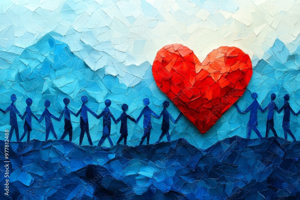Poster silhouettes of people forming a line connected by a red heart symbolizing unity love and community i