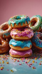 A stack of colorful donuts with sprinkles on top