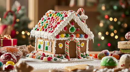 A Christmas gingerbread house with colorful candy decorations and white icing set on a table surrounded by holiday treats.