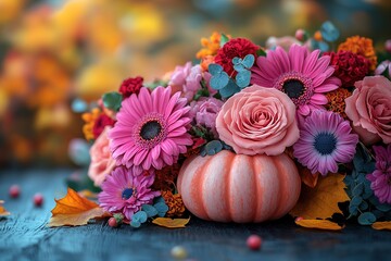 Obraz premium Thanksgiving or autumn scene with pumpkins, autumn leaves and berries on wooden table. Autumn background with copy space. Banner