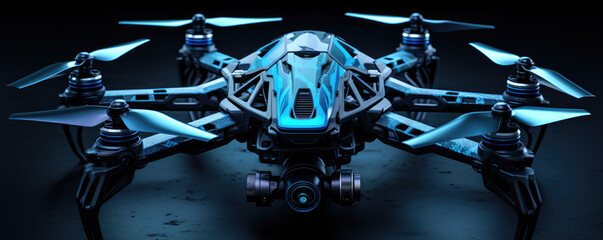 Modern technology of fly drone in on dark background.