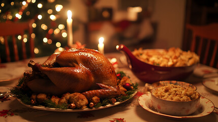 A Christmas table centerpiece featuring a roasted turkey bowls of stuffing and a gravy boat with candles flickering in the background.