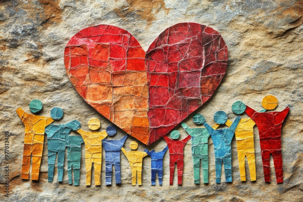 Poster group of figures surrounding a textured heart on a stone surface symbolizing love unity and communit