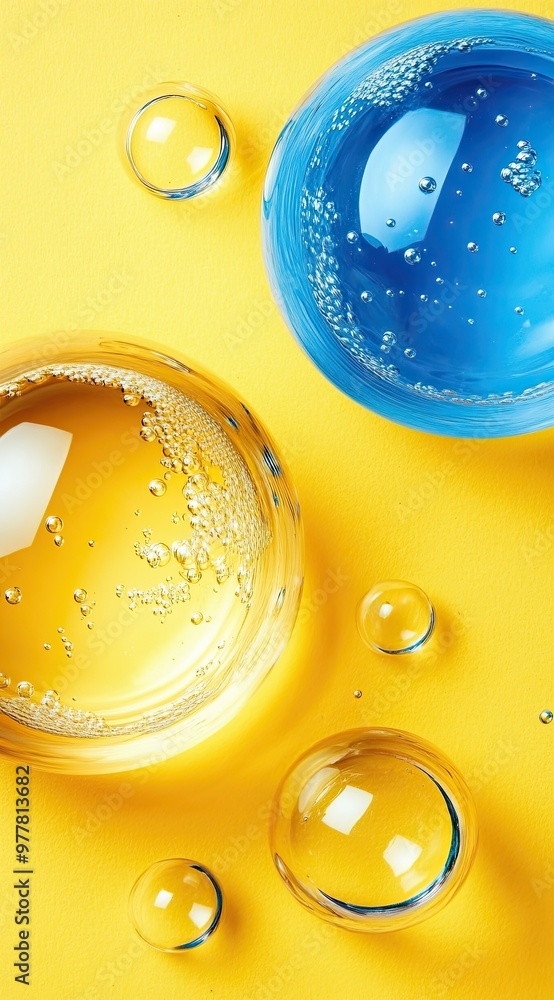 Poster Colorful Bubbles Floating Above a Vibrant Yellow Background With Sparkling Effervescence