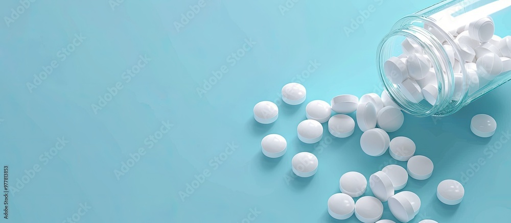 Poster extreme close up detailed pills spilled into a jar top view blue background. Copy space image. Place for adding text and design