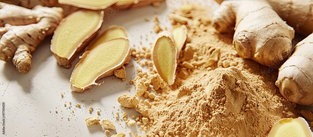Poster ginger powder and fresh root. copy space image. place for adding text and design