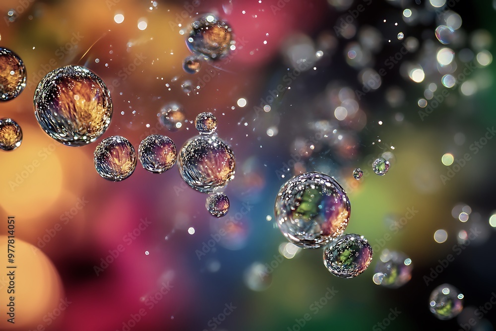 Poster abstract colorful water drops floating in air with bokeh background