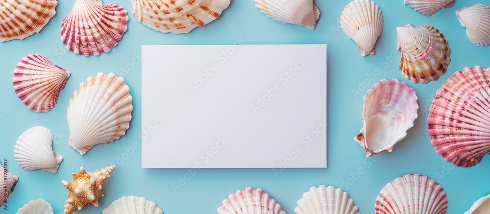 Poster summer concept featuring a blank greeting card and white paper on a colored background seashells fro