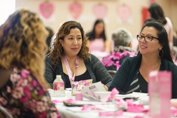 Fototapeta premium Women's Breast Cancer Prevention Event with Supportive Gathering and Pink Decor