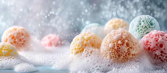 Soft multi colored bath puffs or sponges in the bathroom Copyspace Background texture