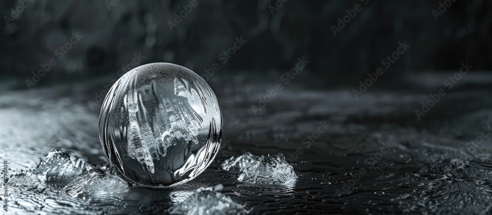 Poster close up half ice sphere on a black background. copy space image. place for adding text and design