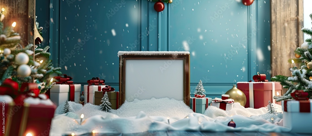 Poster decorative christmas blank picture frame blanketed in snow surrounded by gifts and wrapping supplies