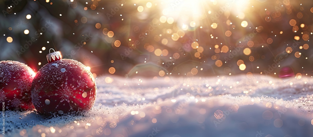 Poster snow falling over a close up of christmas baubles on the snow. copy space image. place for adding te
