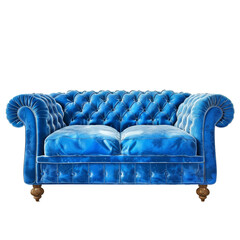 Naklejka premium Luxurious blue velvet chesterfield sofa isolated on white background