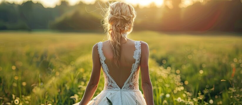 Luxury Dress With Open Back Beautiful blonde bride in a white gown strolls through the green field Artwork. Copy space image. Place for adding text and design