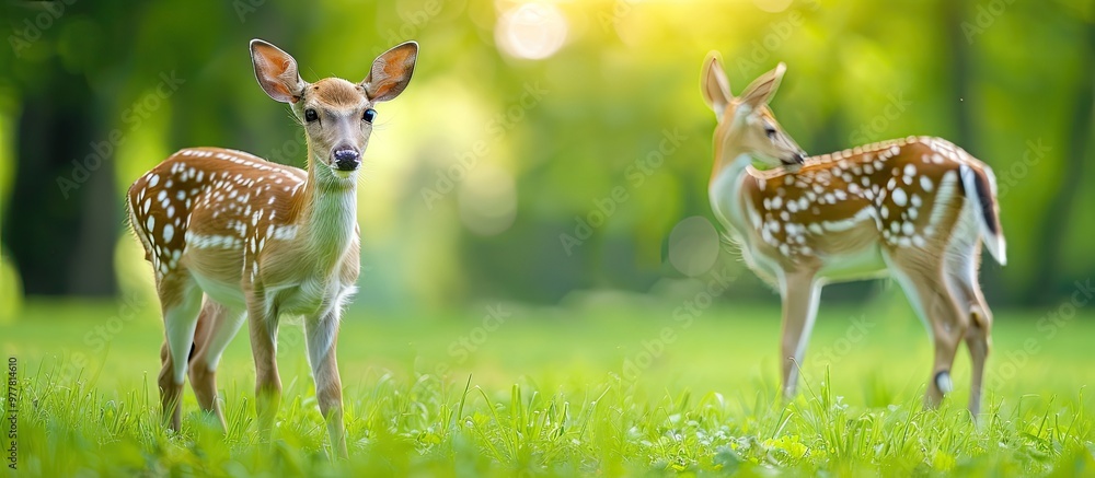 Aufkleber a deer on green grass with a blurred background. copy space image. place for adding text and design