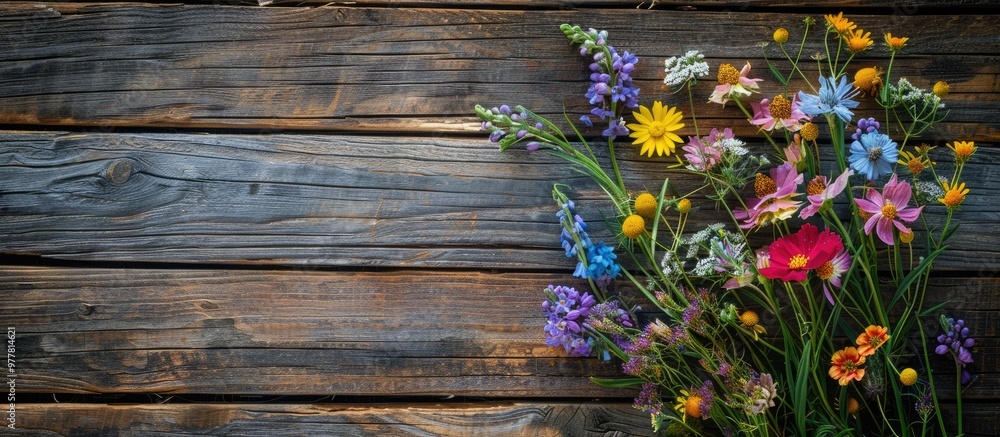 Poster close up of a wildflower bouquet set against a wooden background selective focus space for text. cop