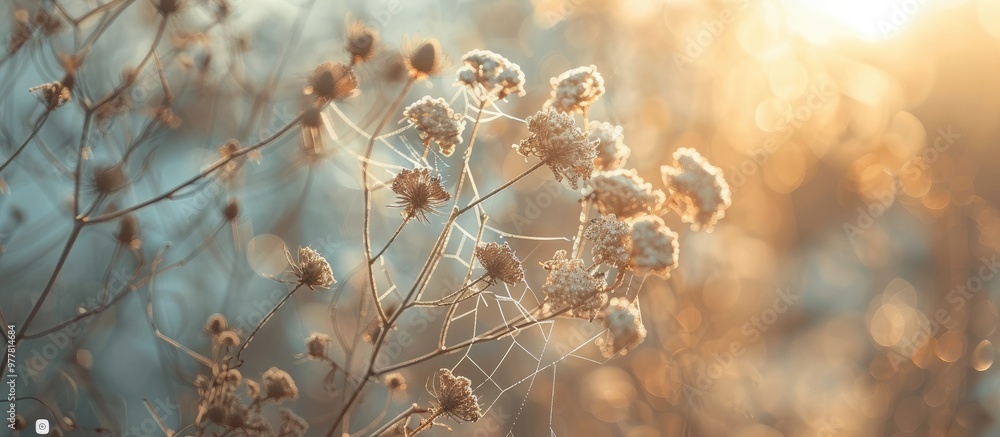 Poster autumn abstract background featuring a dry plant at sunrise with a web in a vintage retro style. cop
