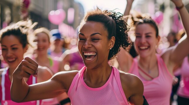 Women Running in Breast Cancer Awareness Marathon, Smiling and Supporting Each Other in Pink Shirts