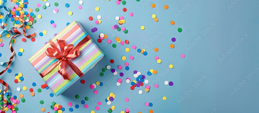 Poster rainbow gift box and candy confetti on a blue backdrop flat lay top view. copy space image. place fo