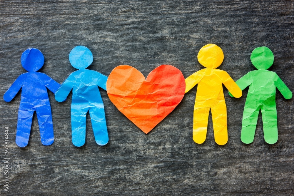 Poster vibrant paper figures holding hands in front of a red heart symbolizing unity diversity and love in 