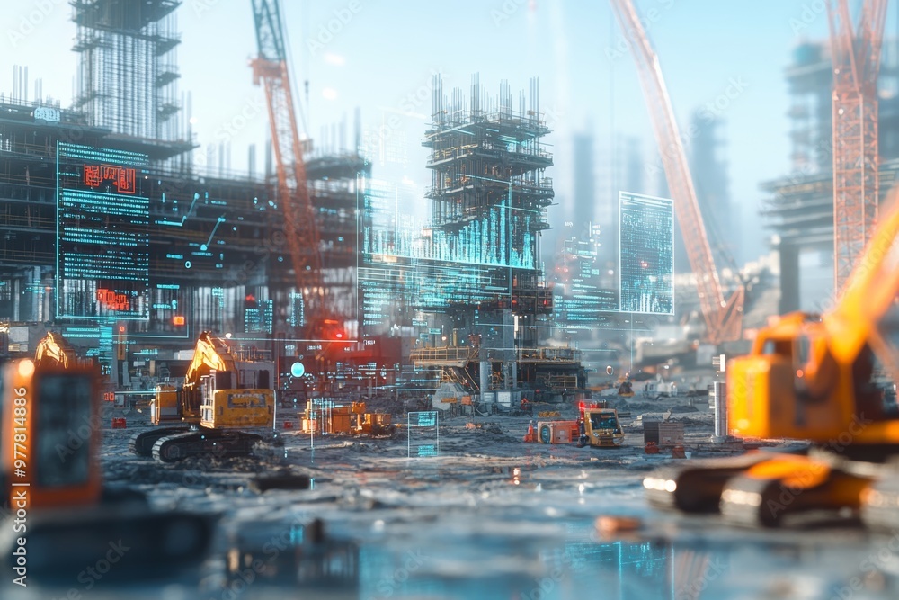 Poster futuristic construction site with holograms and ai tools for advanced engineering and design