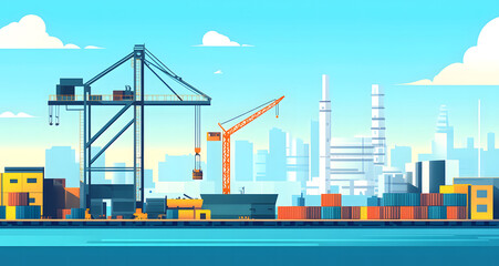 Shipping Port with Cargo Containers and Cranes, Industrial Harbor Illustration