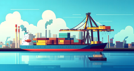 Obraz premium Shipping Port with Cargo Containers and Cranes, Industrial Harbor Illustration