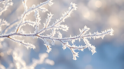 Obraz premium A close-up of frost-covered branches glistening in the morning light with delicate ice crystals visible.